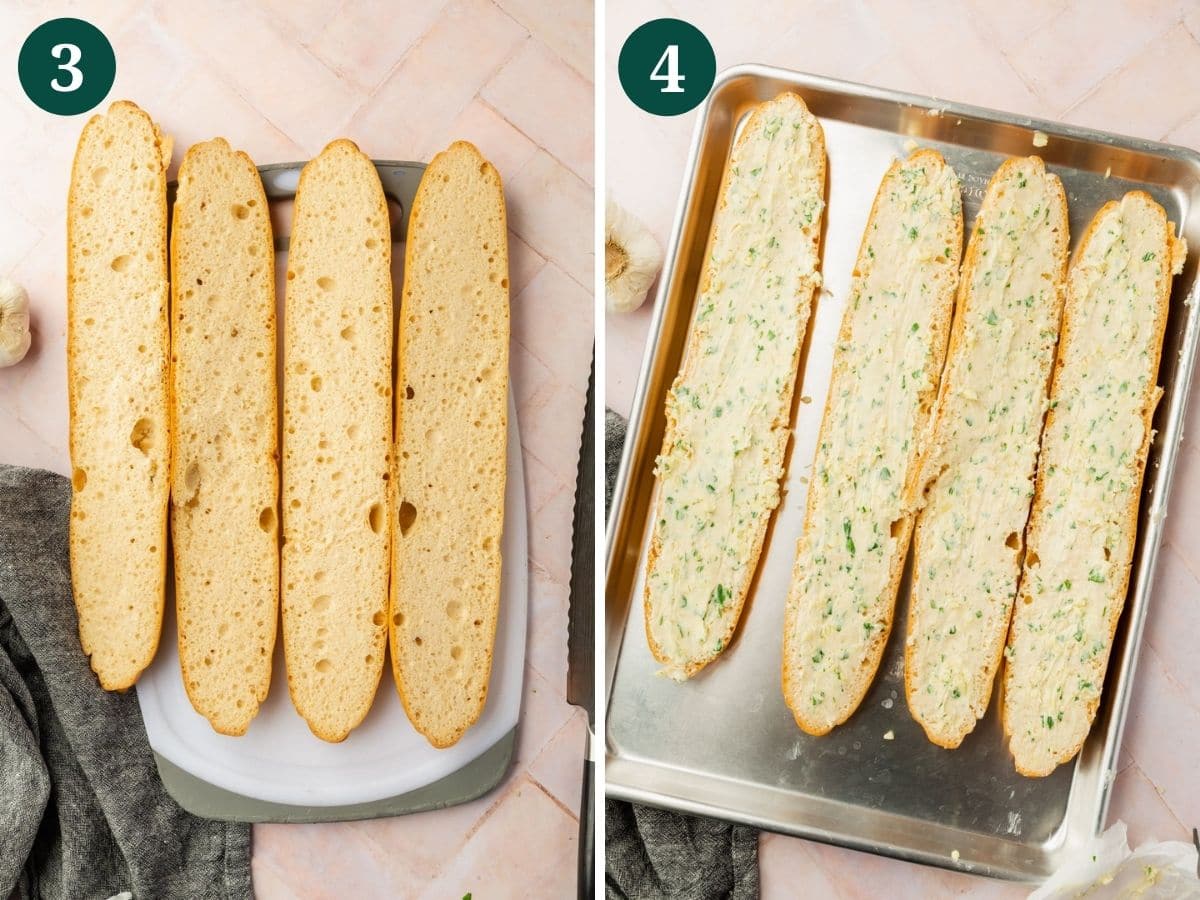 Collage of two photos showing baguettes being sliced on a cutting board and slathered with compound garlic butter placed on a baking sheet. 