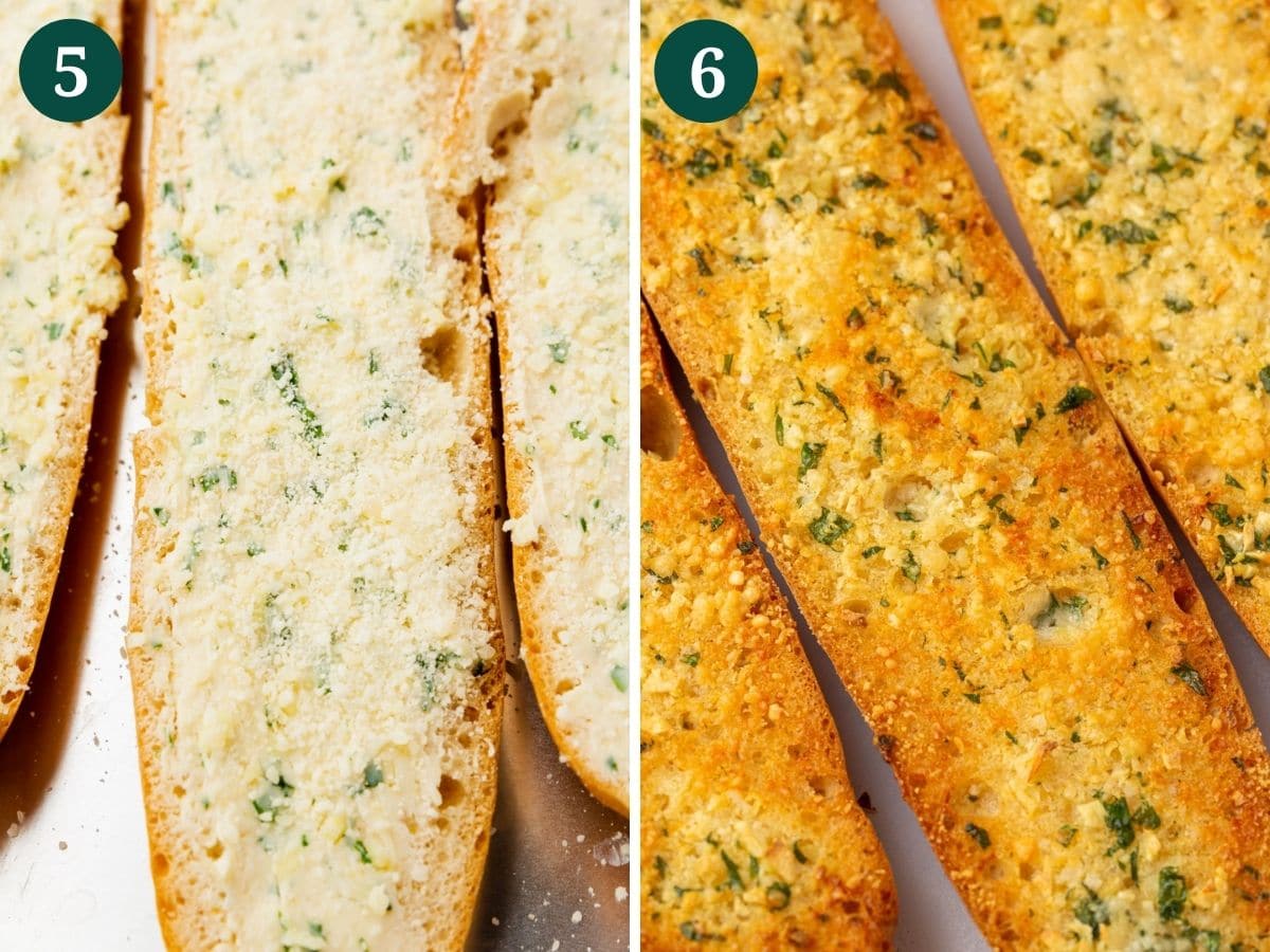 Collage of two photos showing close ups of gluten free garlic bread before being baked and after. 