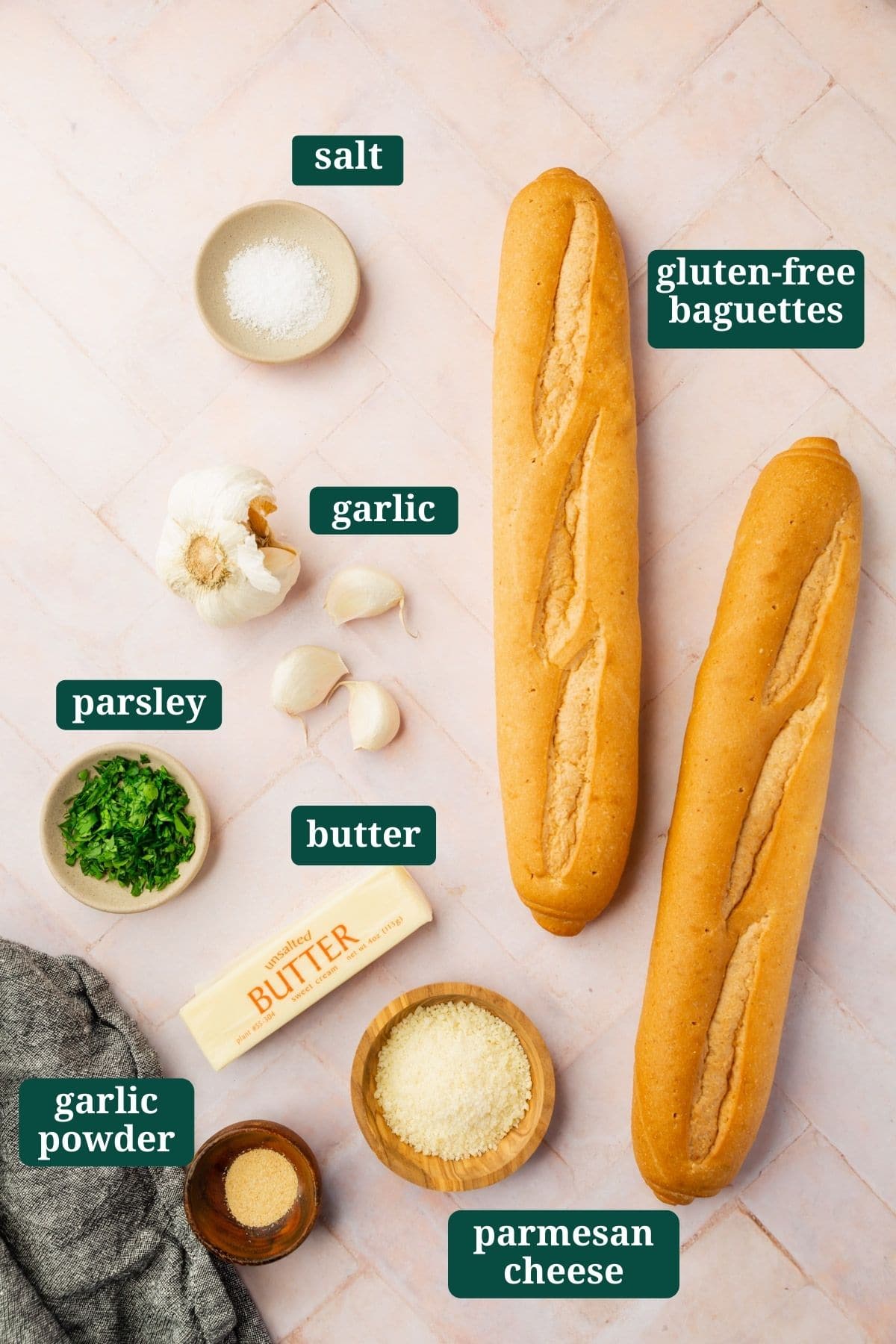 Ingredients for making gluten-free garlic bread with text overlay over each ingredient.