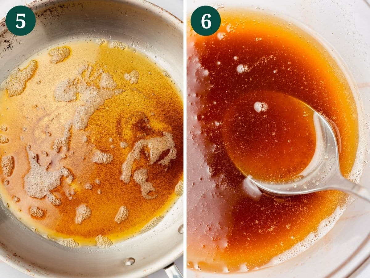 Photo collage of butter browning in a skillet and the browned butter being spooned in a bowl when finished. 