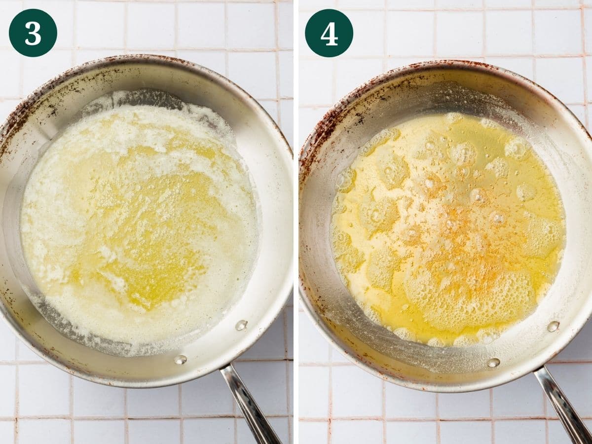 Photo collage of butter being browned in a skillet, the second photo being slightly more golden and browned than the first. 