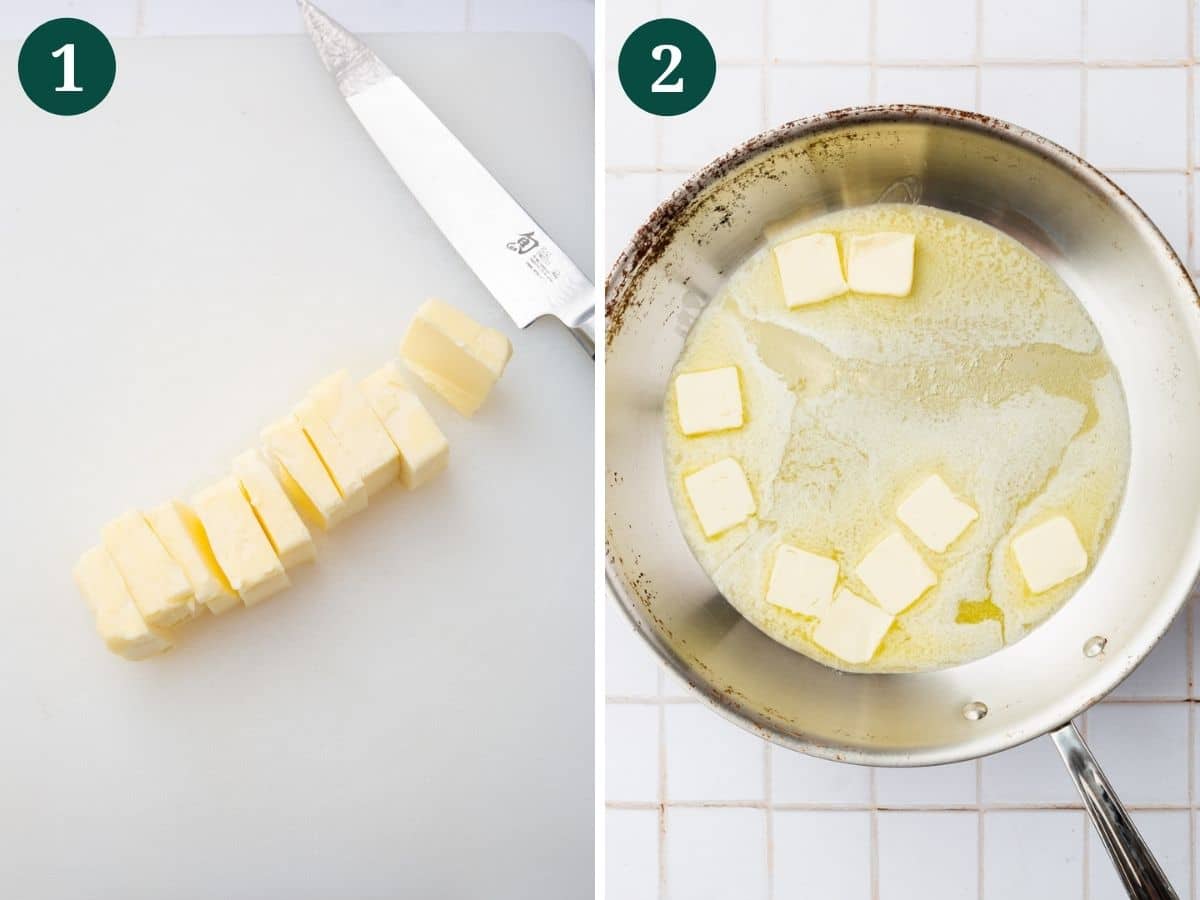 A photo collage of butter sliced with a knife and butter being melted in a skillet. 