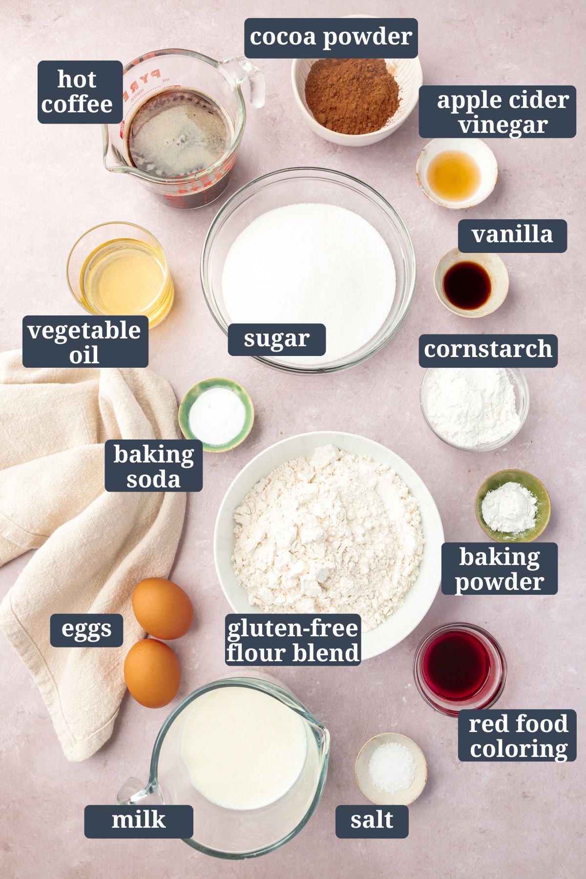 Ingredients for making gluten-free red velvet cake in bowls on a table with text overlay.