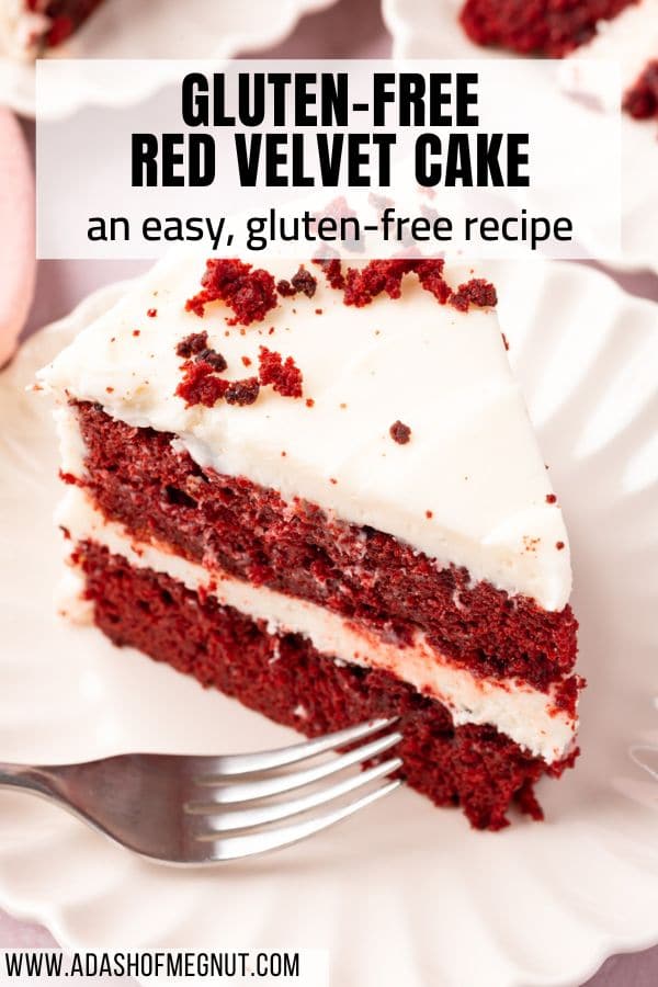 A slice of red velvet cake with cream cheese frosting on a plate with a fork with a text overlay.