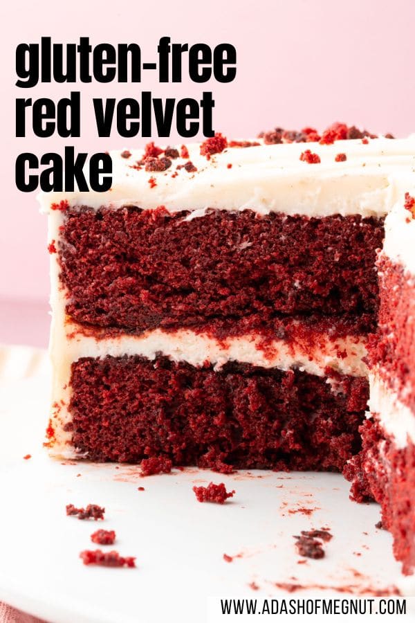 A cross section of a red velvet cake with cream cheese frosting with a text overlay.