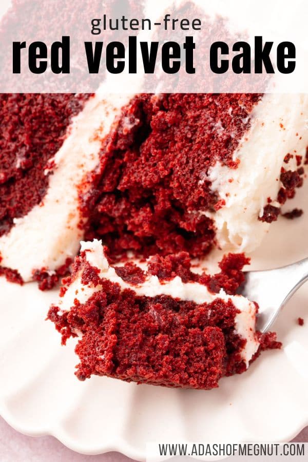 A slice of red velvet cake on a plate with a fork digging in with a text overlay.