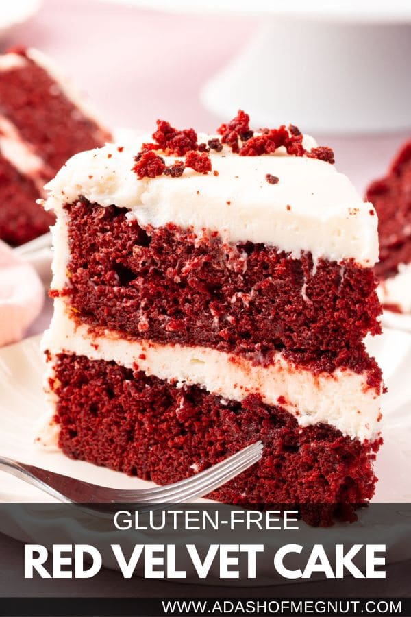 A closeup of a piece of red velvet cake with cream cheese frosting and cake crumbs with a text overlay.