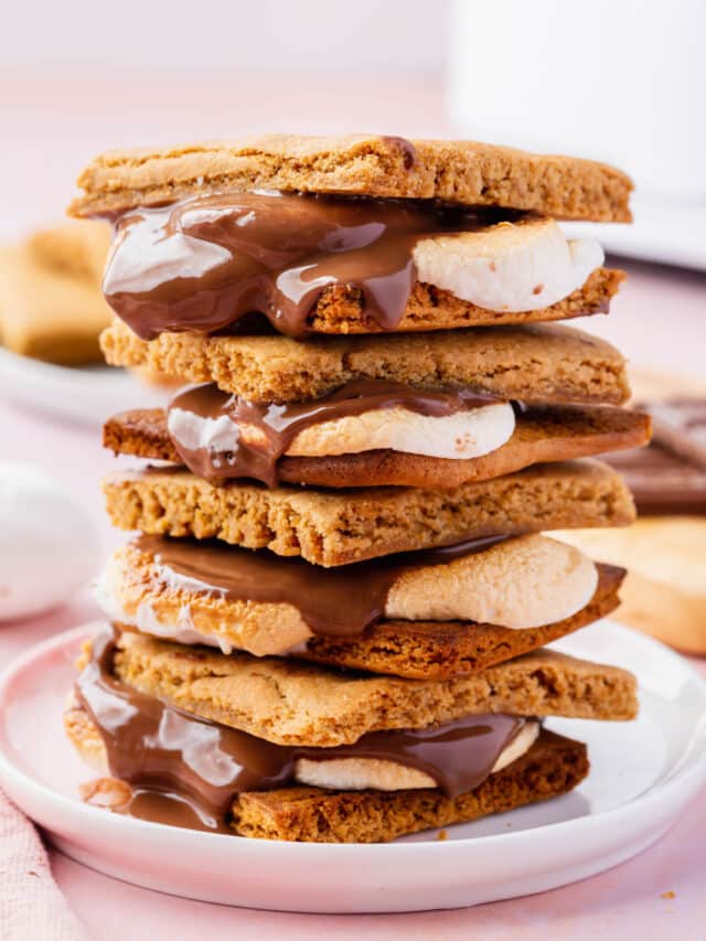 A stack of four air fryer s'mores on a small plate with an air fryer in the backgorund.
