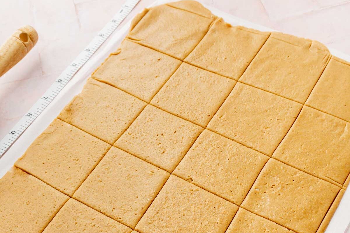 Rolled out graham cracker dough cut into small squares on top of a piece of parchment paper.