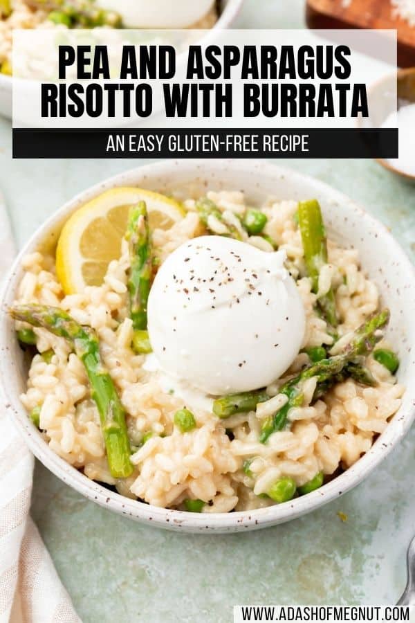 A bowl of risotto with peas, asparagus, burrata and lemon wedge with a text overlay.