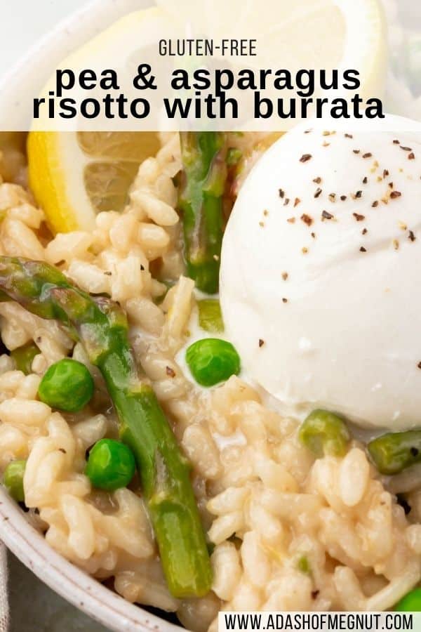 A closeup of risotto with asparagus, peas, lemon wedges and a ball of burrata with a text overlay.