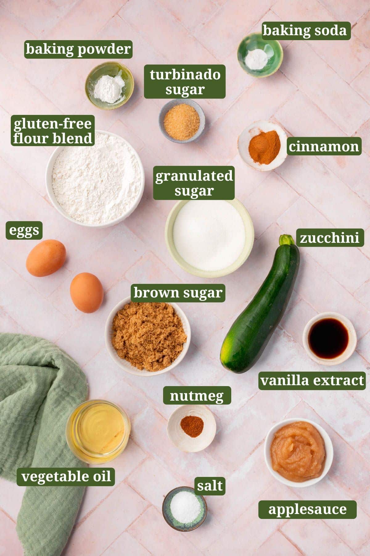 Ingredients to make gluten-free zucchini bread on a pink table with text overlay over each ingredient.