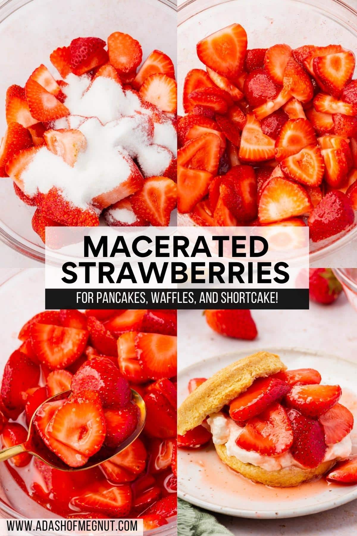 A four photo collage showing the process of macerating strawberries from topping strawberries with sugar, mixing together, letting sit at room temperature for an hour, and then using in a recipe like strawberry shortcake.