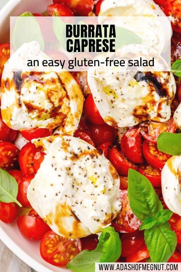 A closeup of a burrata and tomato caprese salad.