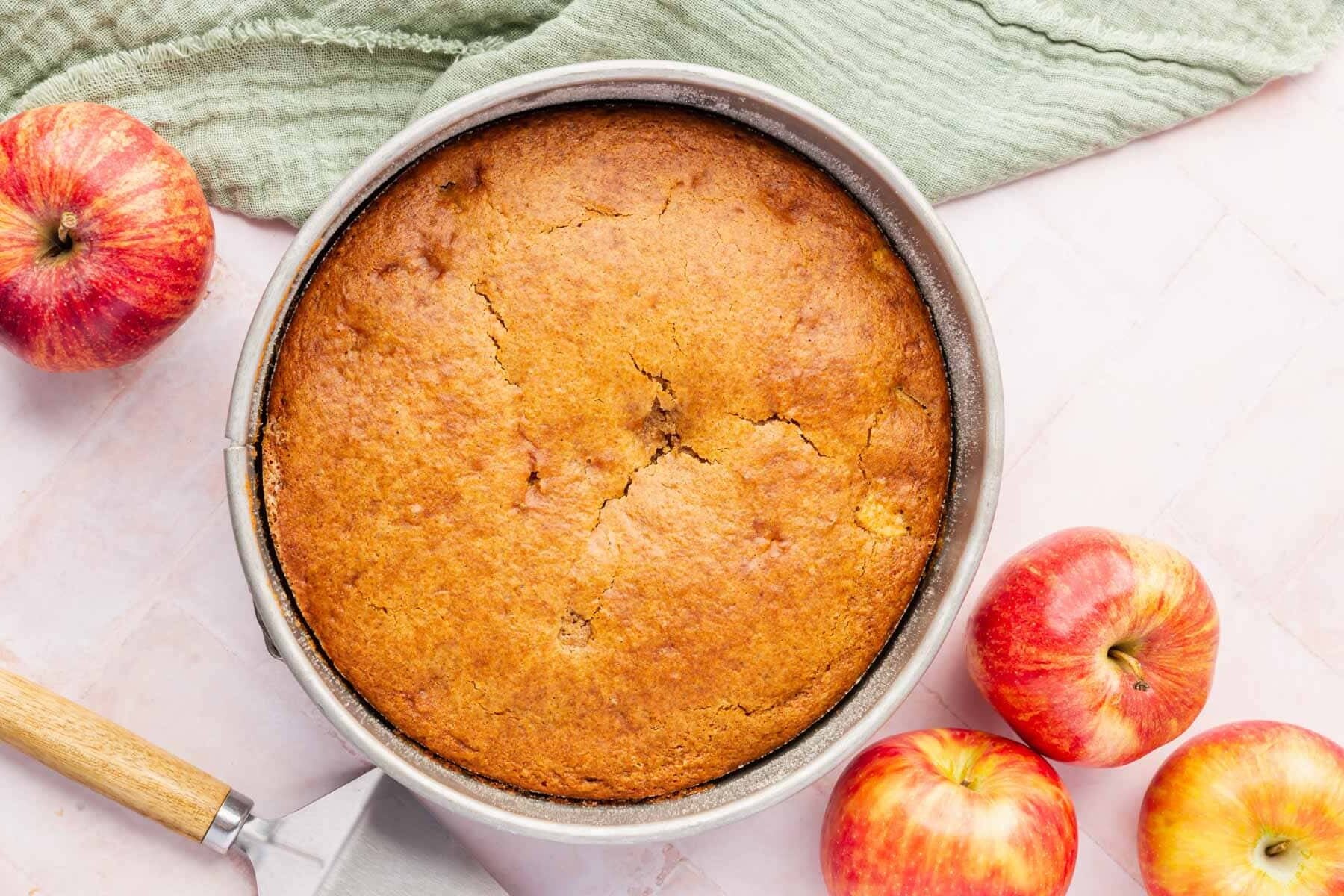 A springform pan with a baked gluten-free apple cake in it surrounded by gala apples.