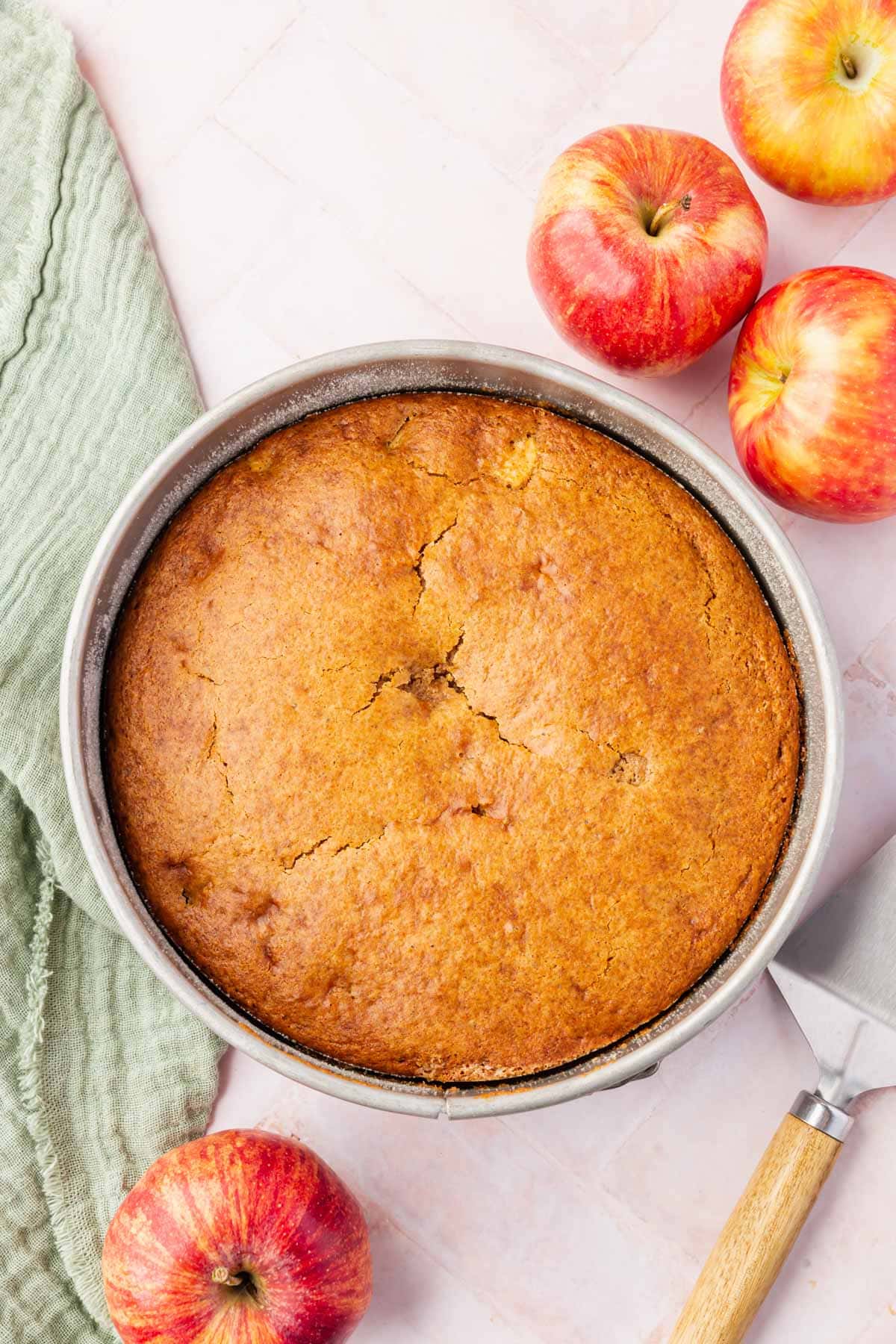 A springform pan with a baked gluten-free apple cake in it surrounded by gala apples.