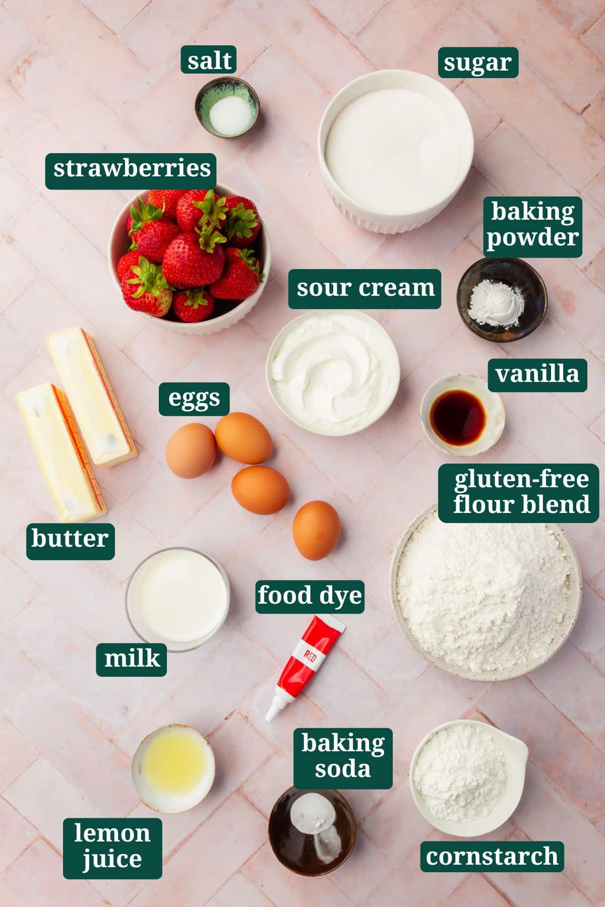 An overhead view of ingredients in small bowls to make gluten-free strawberry cake with text overlays over each ingredient.