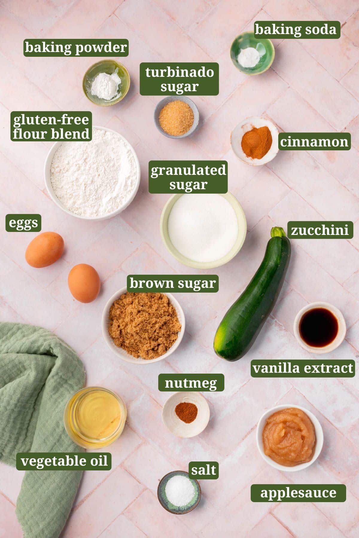 An overhead view of ingredients in small bowls to make gluten-free zucchini muffins with text overlays over each ingredient.