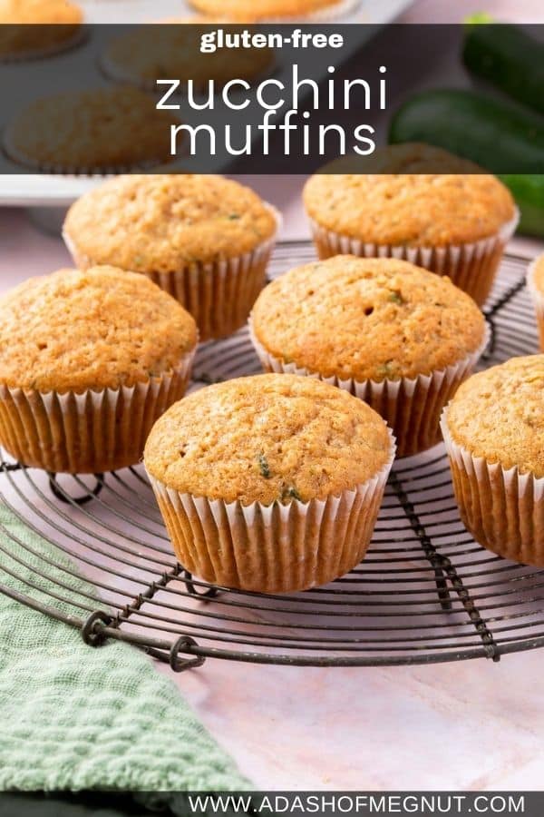 Baked gluten-free zucchini muffins on a round cooling rack with a text overlay.