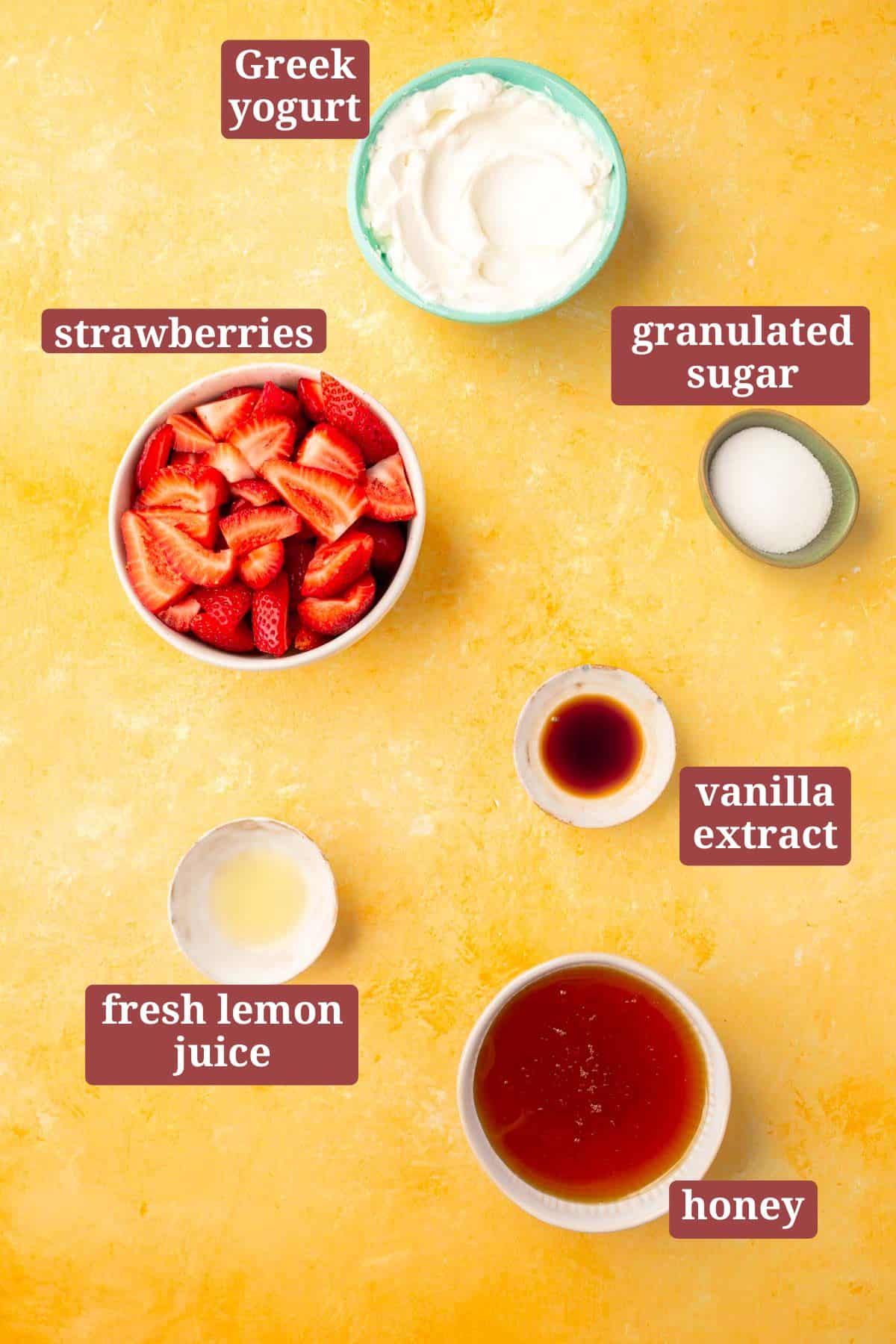 Small bowls on a yellow table to make strawberry frozen yogurt including fresh strawberries, greek yogurt, granulated sugar, vanilla, lemon juice and honey with text overlays over each ingredient..