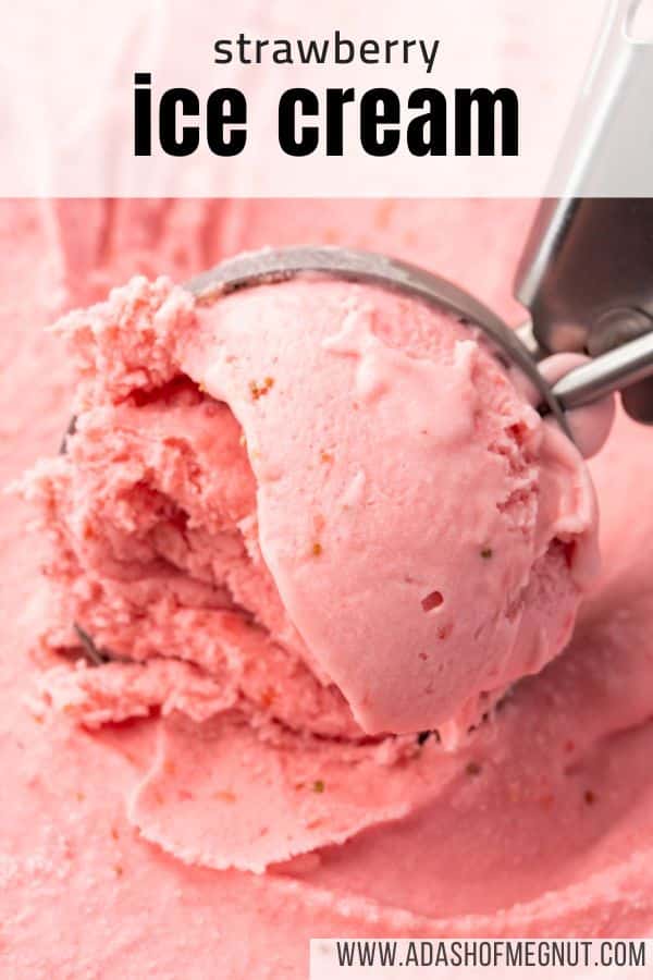 An ice cream scooper scooping strawberry ice cream with a text overlay.