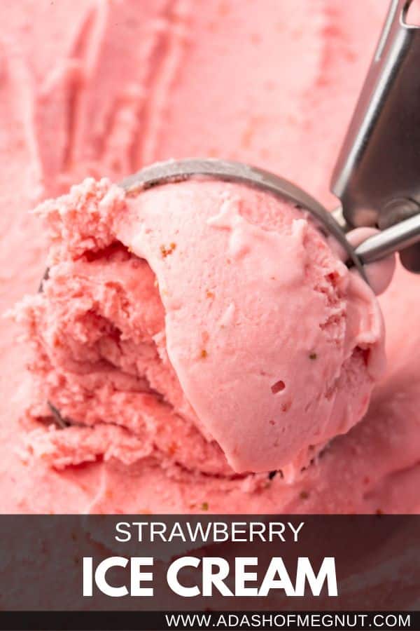 An ice cream scooper scooping strawberry ice cream with a text overlay.