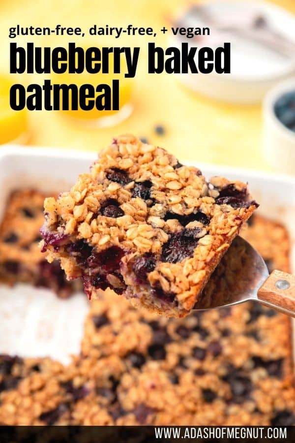 A spatula removing a square piece of blueberry baked oatmeal from the baking dish.
