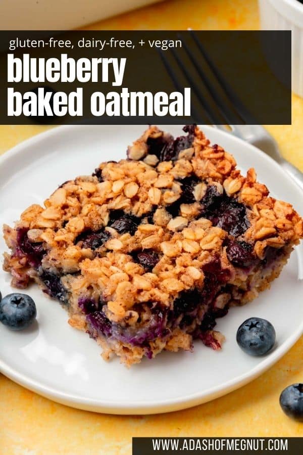 A square slice of gluten-free blueberry baked oatmeal on a small dessert plate with some fresh blueberries on the plate.