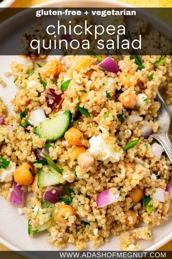 A closeup of chickpea quinoa salad topped with cucumber slices, diced red onion, parsley, chopped dates, and feta with a text overlay.
