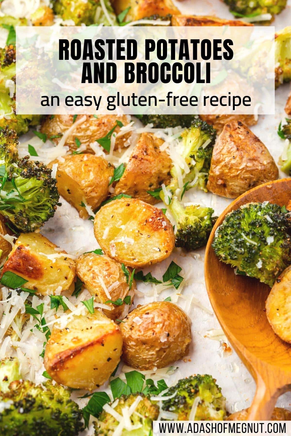 A closeup of roasted broccoli and potatoes with parmesan cheese on a baking sheet with a text overlay over the image.