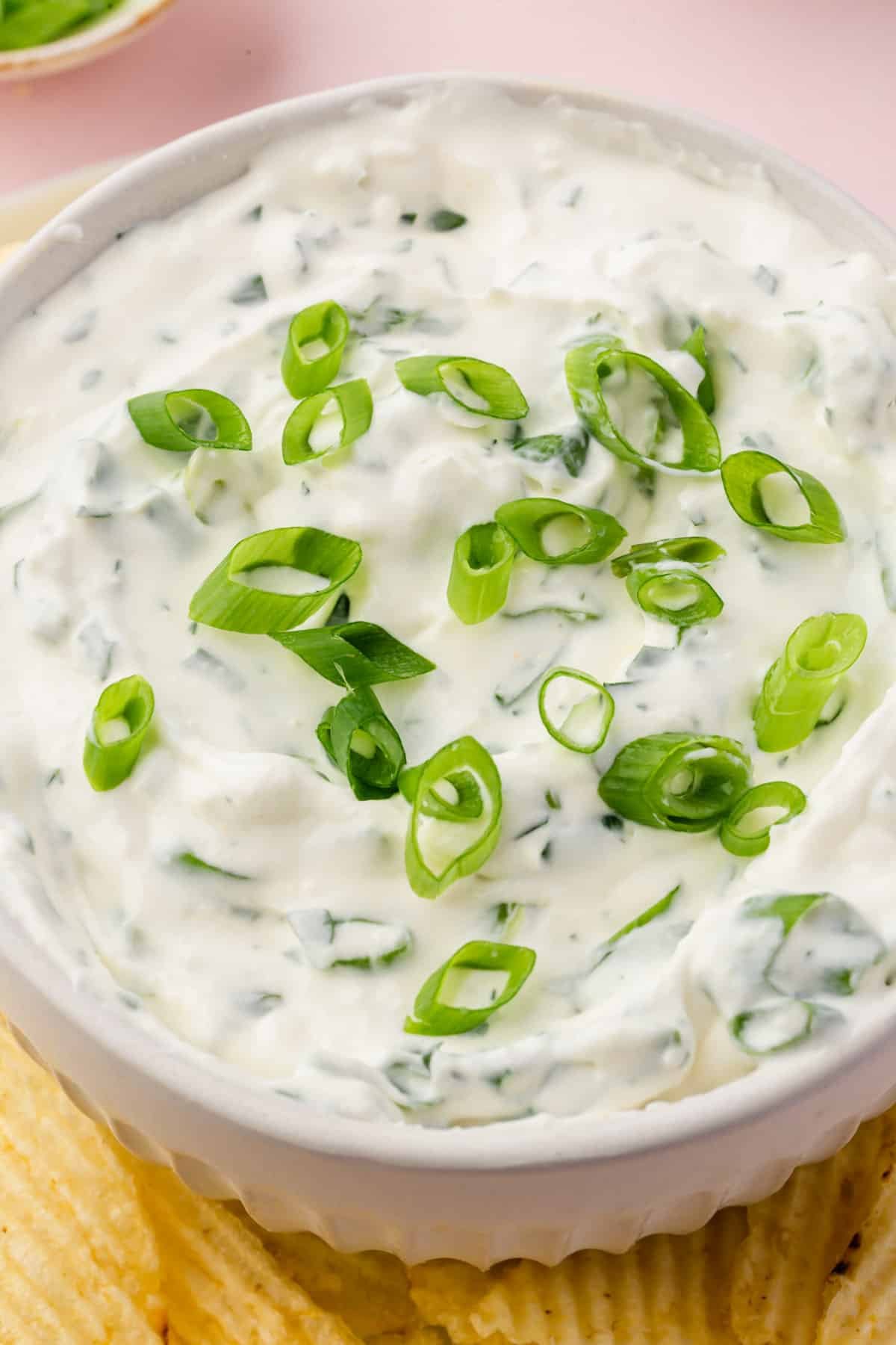 A close up of sour cream green onion dip in a bowl topped with sliced green onions.