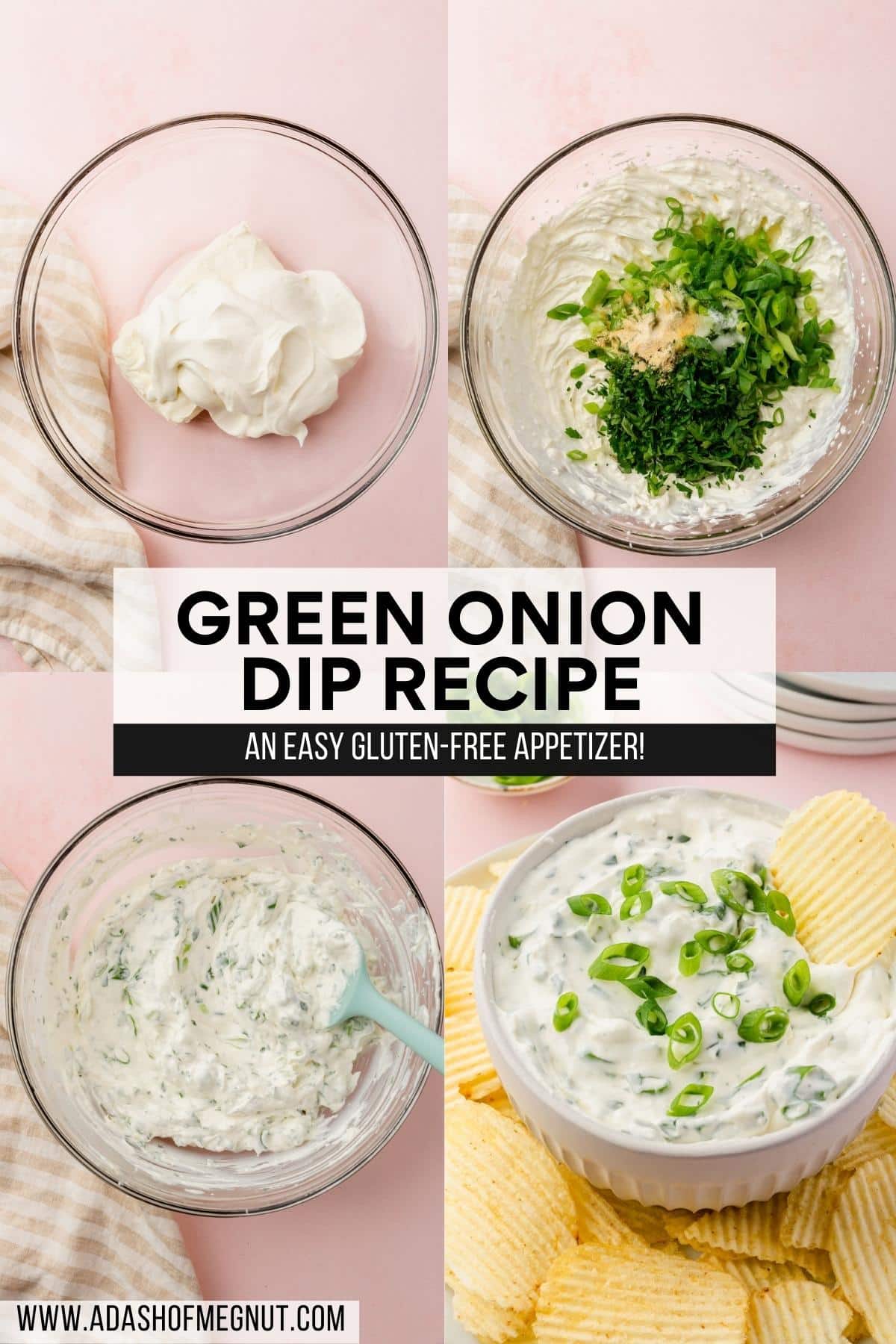 A four photo collage showing the process of making green onion dip. Photo 1: A glass mixing bowl with a brick of cream cheese and sour cream before mixing. Photo 2: Cream cheese and sour cream mixture in a bowl topped with sliced green onions, fresh parsley, salt, garlic powder, and onion powder. Photo 3: A green onion sour cream dip mixture in a glass mixing bowl. Photo 4: A bowl of sour cream green onion dip on a plate of chips with a single chip dipped into the green onion dip.