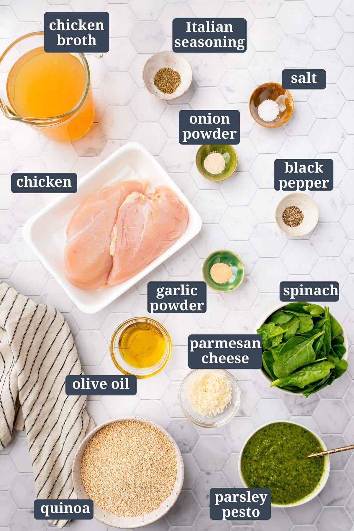 Ingredients in small bowls to make pesto chicken quinoa bowls, including chicken broth, black pepper, salt, onion powder, garlic powder, boneless skinless chicken breasts, olive oil, parmesan cheese, spinach, parsley pesto, and quinoa with text overlays over each ingredient.