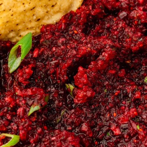 A closeup of a bowl of cranberry salsa topped with green onion with a tortilla chip in it.
