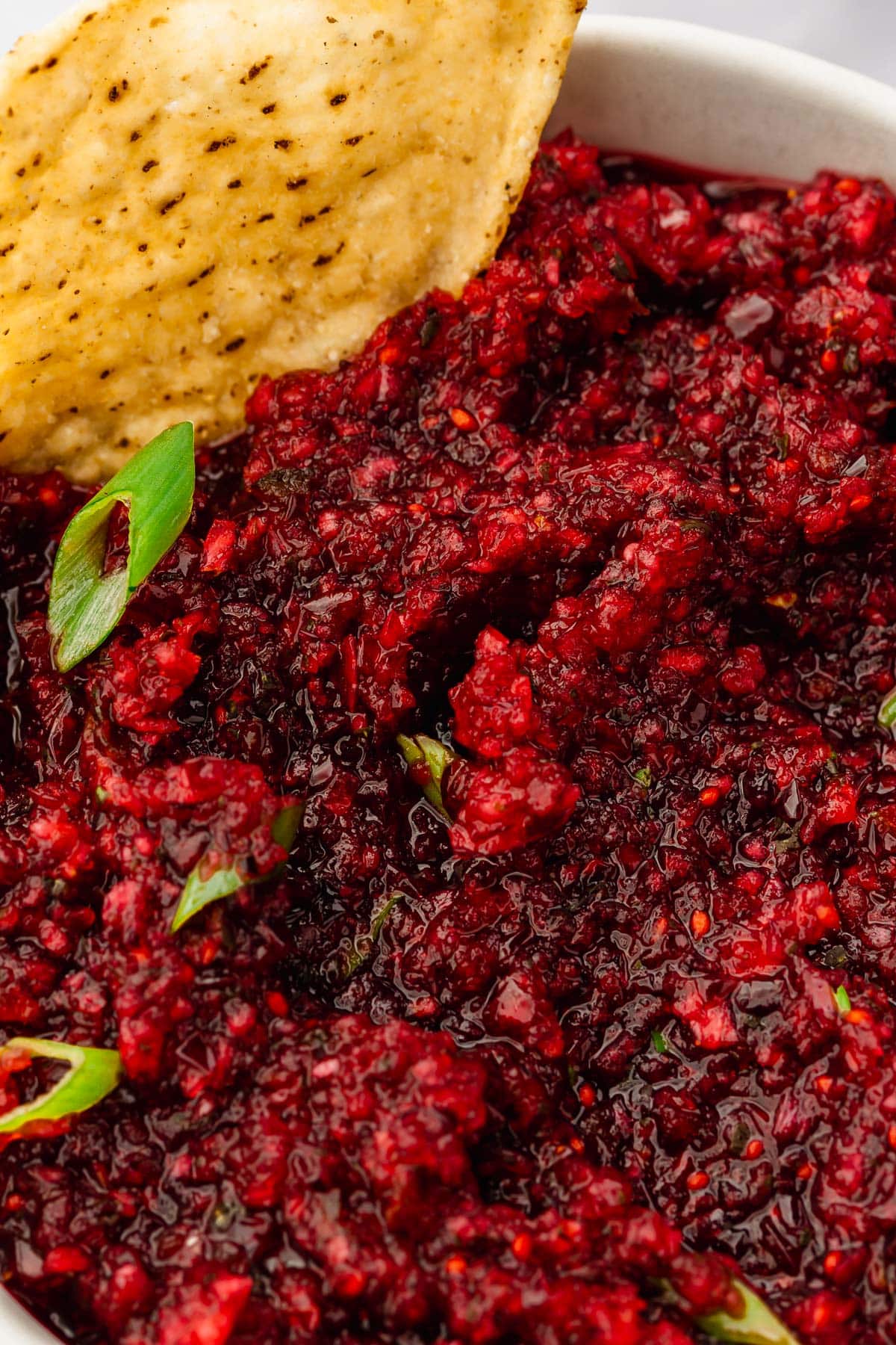 A closeup of a bowl of cranberry salsa topped with green onion with a tortilla chip in it.