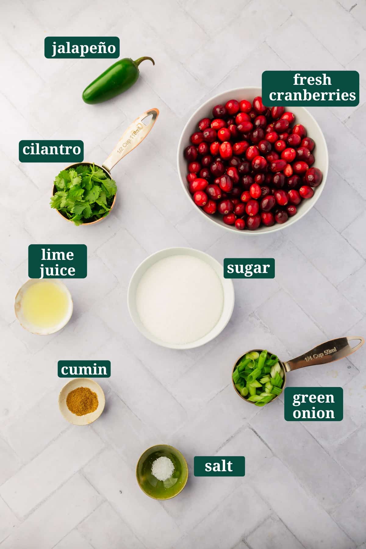Ingredients in small bowls to make cranberry jalapeño salsa, including jalapeño, cranberries, green onions, sugar, lime juice, salt, and cilantro with text overlays over each ingredient.