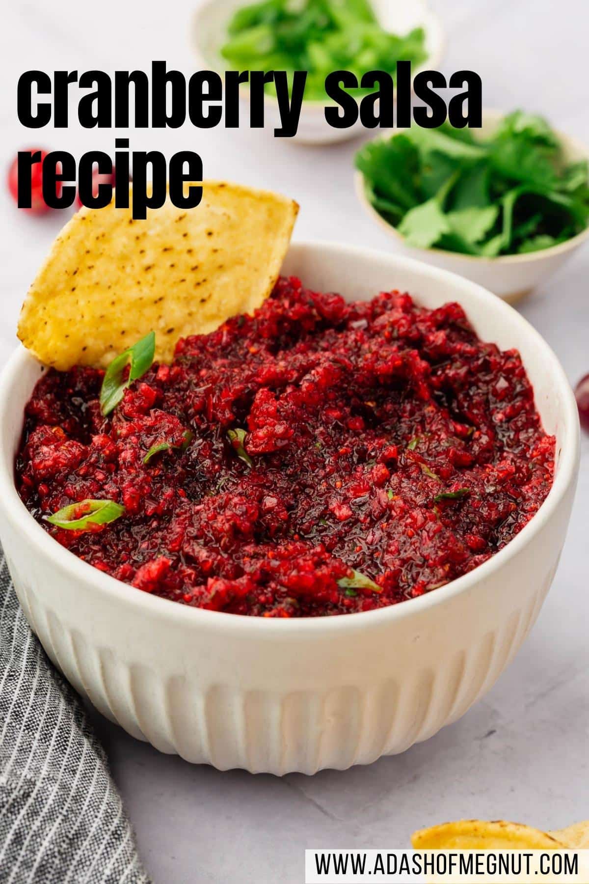 A bowl of cranberry salsa topped with green onion with a tortilla chip in it.