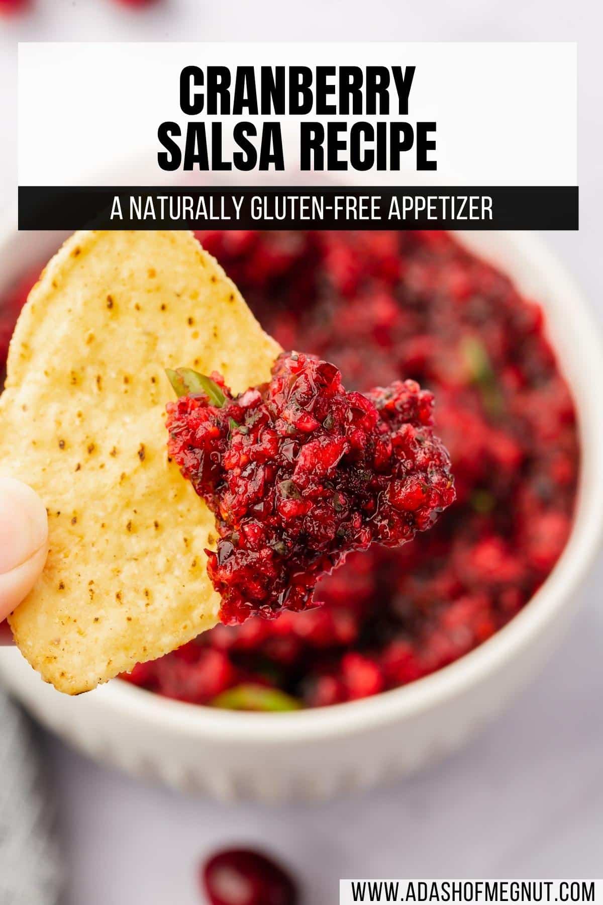 A tortilla chip with a scoop of cranberry salsa on it with a bowl of salsa below it.