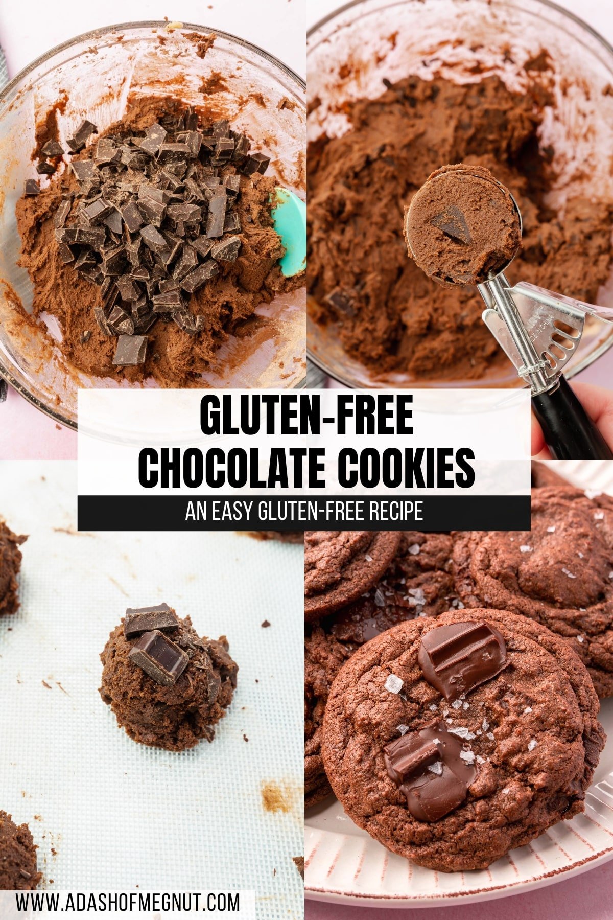 A four photo collage showing the process of making gluten-free chocolate cookies. Photo 1: A gluten-free chocolate cookie dough topped with chopped chocolate in a glass mixing bowl with a blue spatula. Photo 2: A cookie scoop filled with gluten-free chocolate chunk cookie dough over a bowl of more cookie dough. Photo 3: A close up of a gluten-free chocolate cookie dough ball topped with two chunks of chopped chocolate. Photo 4: A closeup of a pile of gluten-free chocolate chunk cookies topped with flaky Maldon salt.