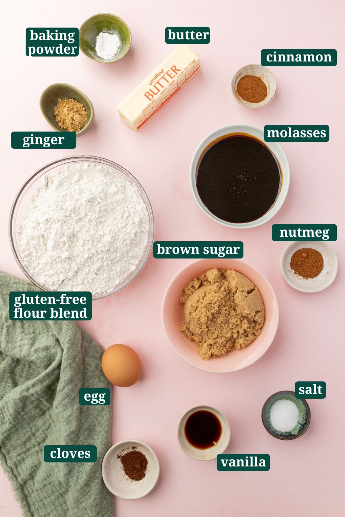 Ingredients in small bowls to make gluten-free gingerbread cookies, including gluten-free flour, brown sugar, egg, nutmeg, cinnamon, ginger, cloves, molasses, vanilla, baking power, butter, and salt with text overlays over each ingredient.