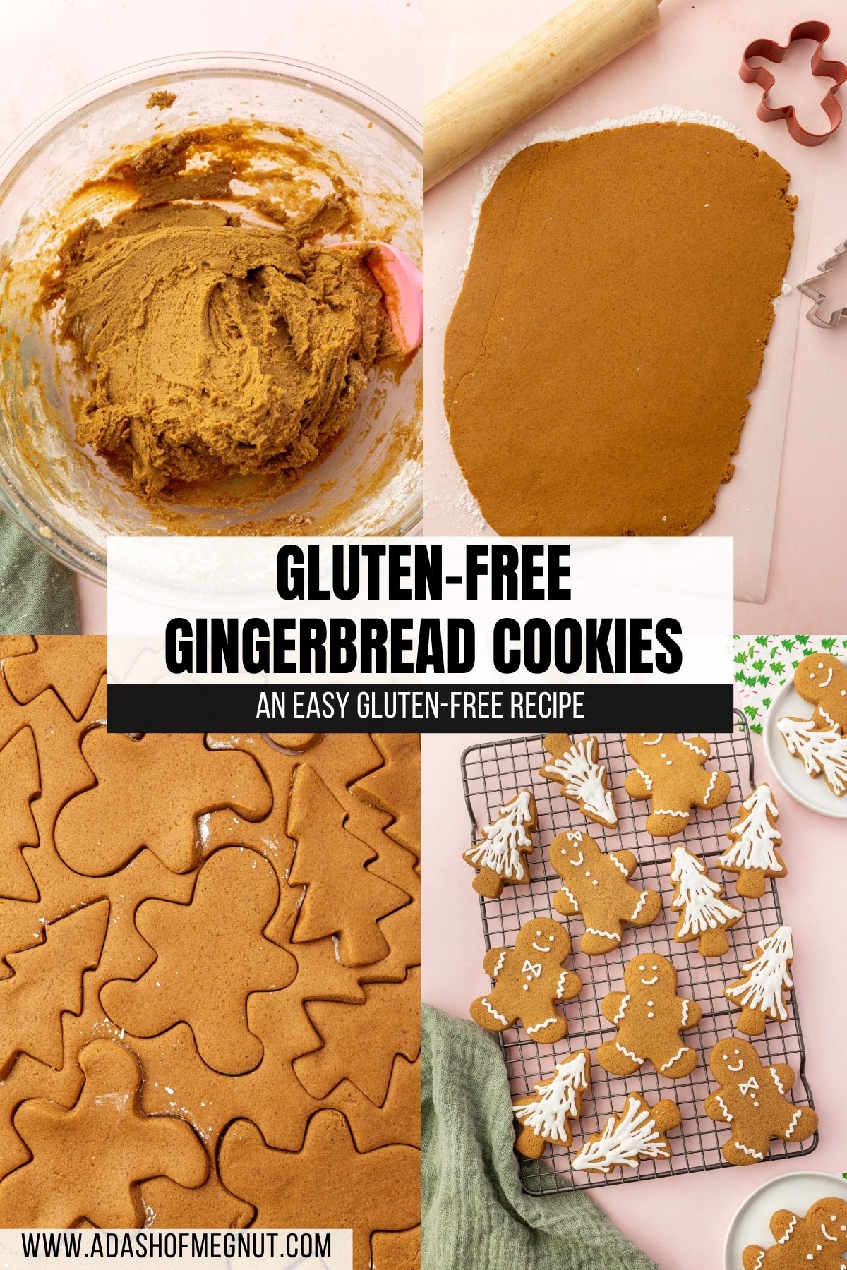 A four photo collage showing the process of making gluten-free gingerbread cookies. Photo 1: A glass mixing bowl with gluten-free gingerbread cookie dough in it. Photo 2: Gluten-free gingerbread cookie dough rolled out on parchment paper. Photo 3: Gluten-free gingerbread cookie dough rolled out on parchment paper with gingerbread men and Christmas trees cut out of them. Photo 4: A cooling rack with gluten-free gingerbread men and gingerbread christmas tree cookies on it frosted with white royal icing.