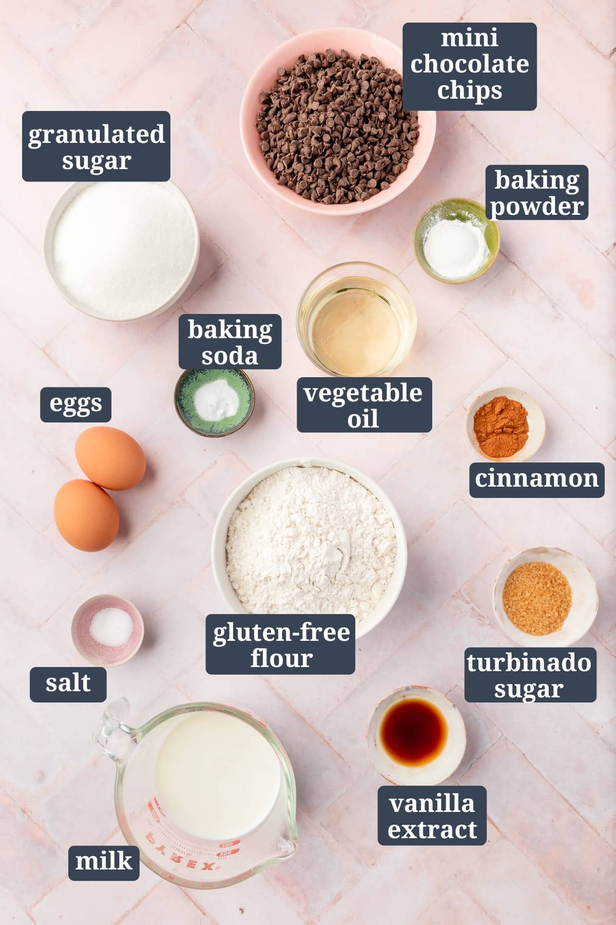 Ingredients in small bowls on a herringbone table to make gluten-free chocolate chip muffins with text overlays over each ingredient.