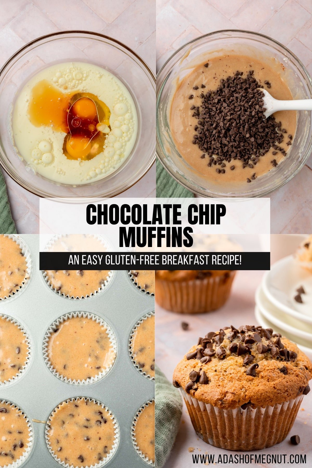 A four photo collage to show the process of baking gluten-free chocolate chip muffins. Photo 1: A glass mixing bowl with milk, oil, eggs, vanilla, before mixing together. Photo 2: Gluten-free muffin batter in a bowl with a pile of mini chocolate chips on top and a spatula. Photo 3: A closeup of muffin liners filled with gluten-free mini chocolate chip muffin batter before baking. Photo 4: A close up of a single gluten-free chocolate chip muffin with mini chocolate chips on top.