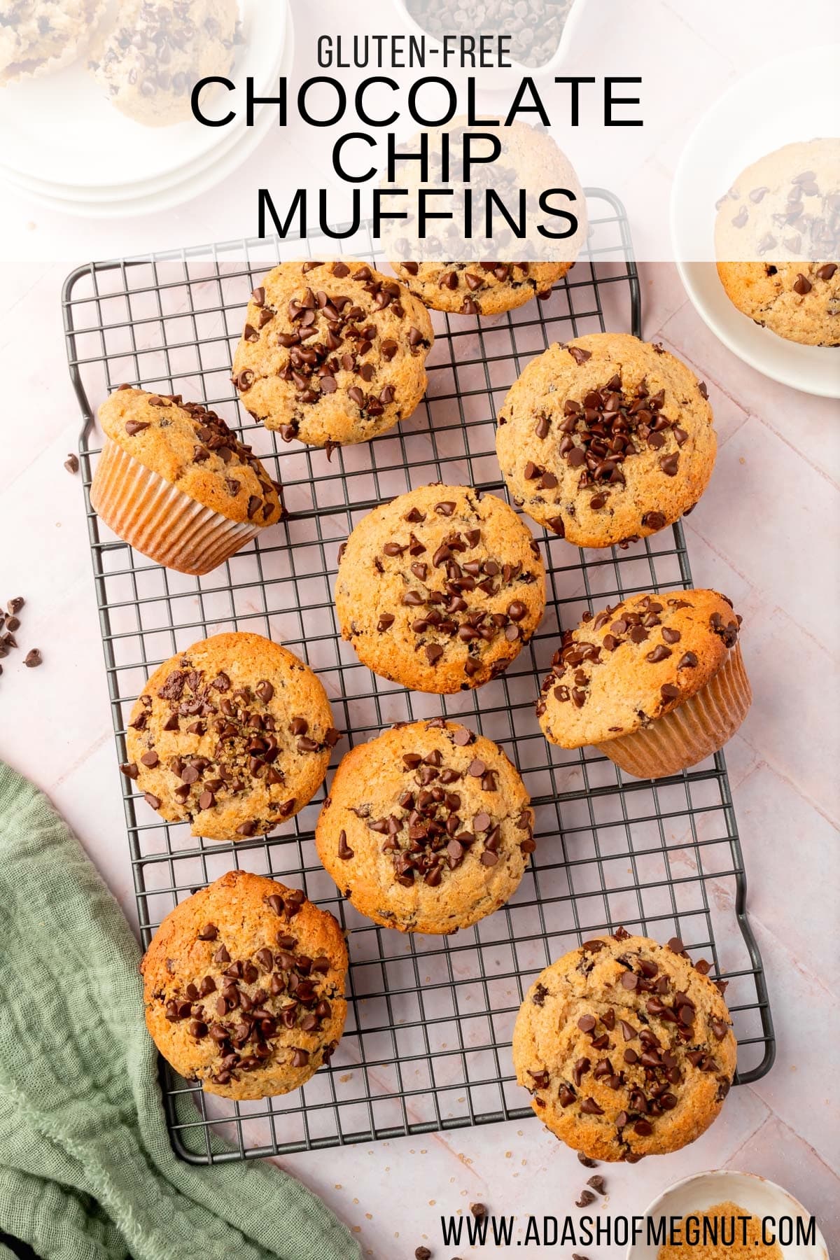 An overhead view of gluten-free chocolate chip muffins on a cooling rack.
