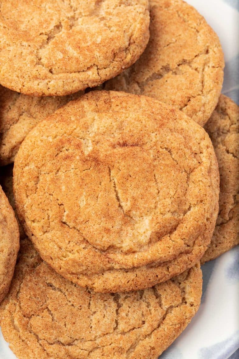 A closeup of a plate of gluten-free snickerdoodles on it.