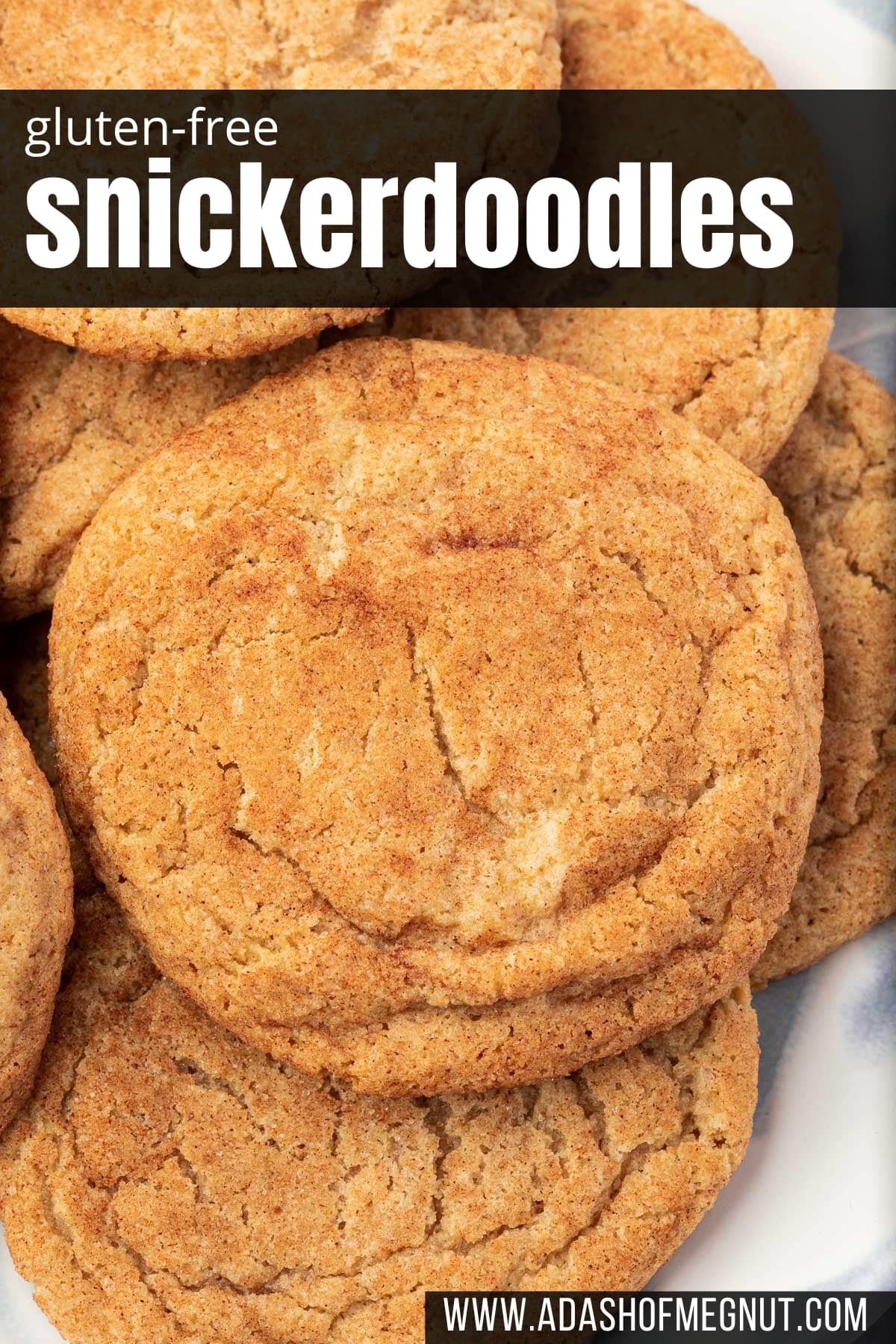 A closeup of a plate of gluten-free snickerdoodles on it with a text overlay.