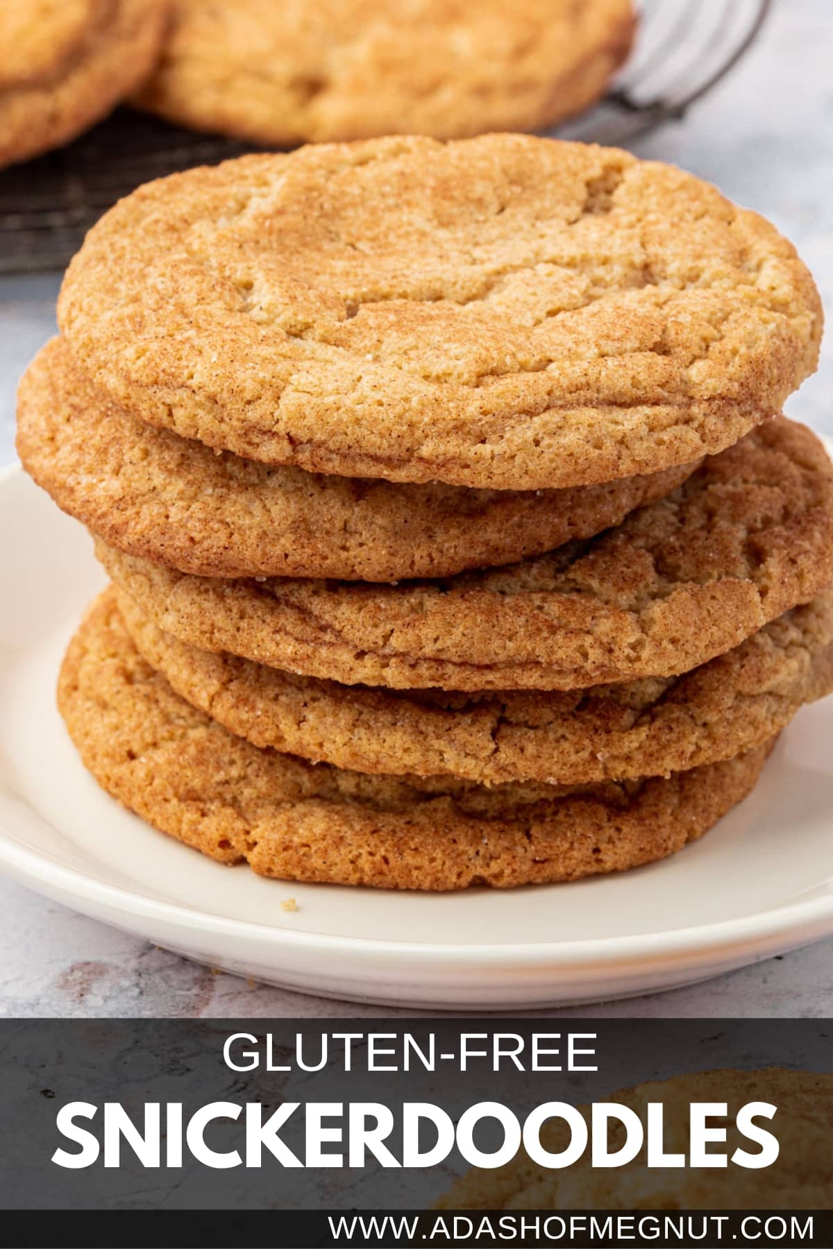 A stack of gluten-free snickerdoodle cookies on a small dessert plate.