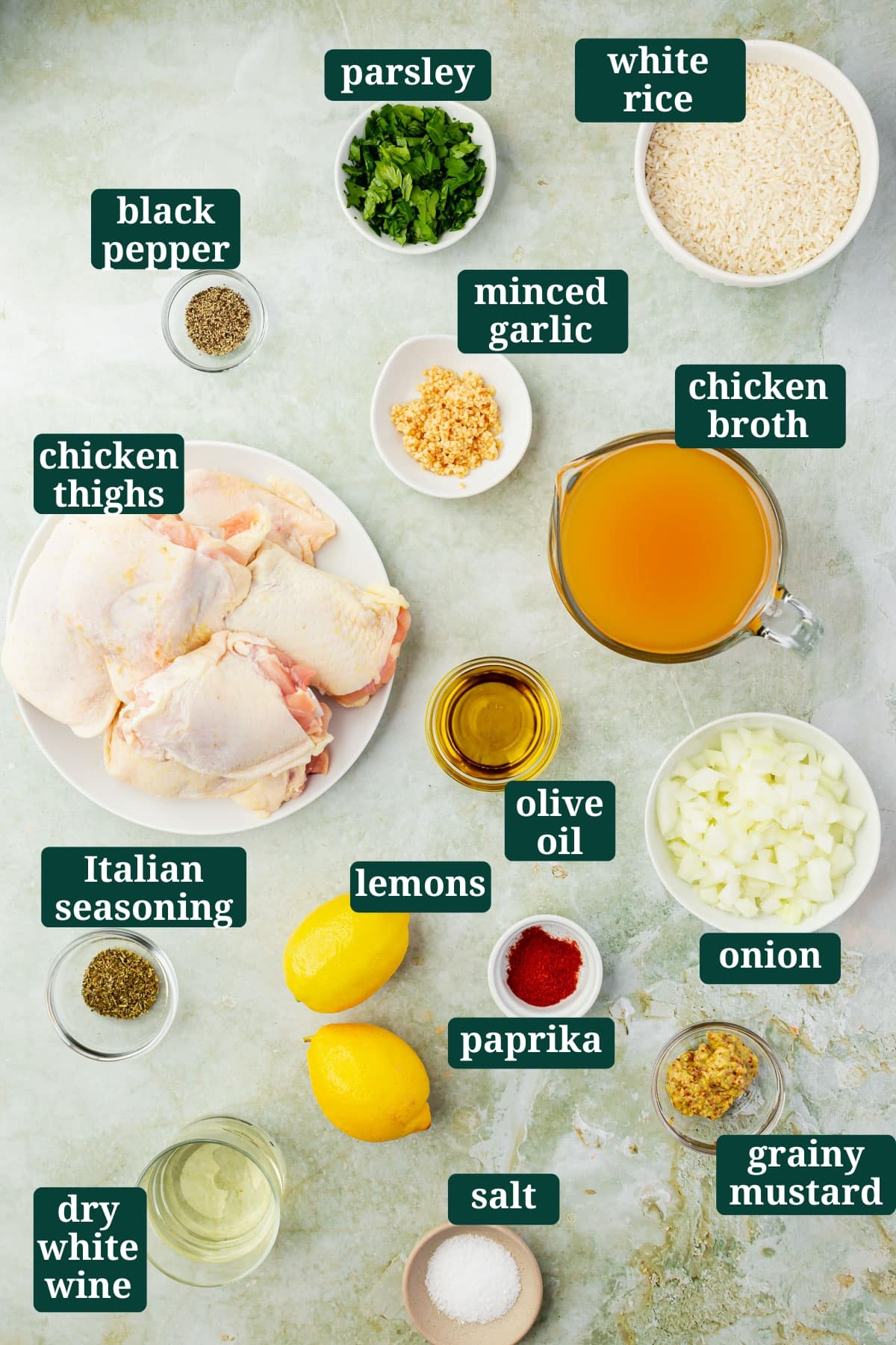Ingredients in small bowls to make one pot chicken and rice including parsley, white rice, chicken thighs, minced garlic, chicken broth, lemons, black pepper, diced onion, grainy mustard, salt, white wine, Italian seasoning, and olive oil with text overlays over each ingredient.
