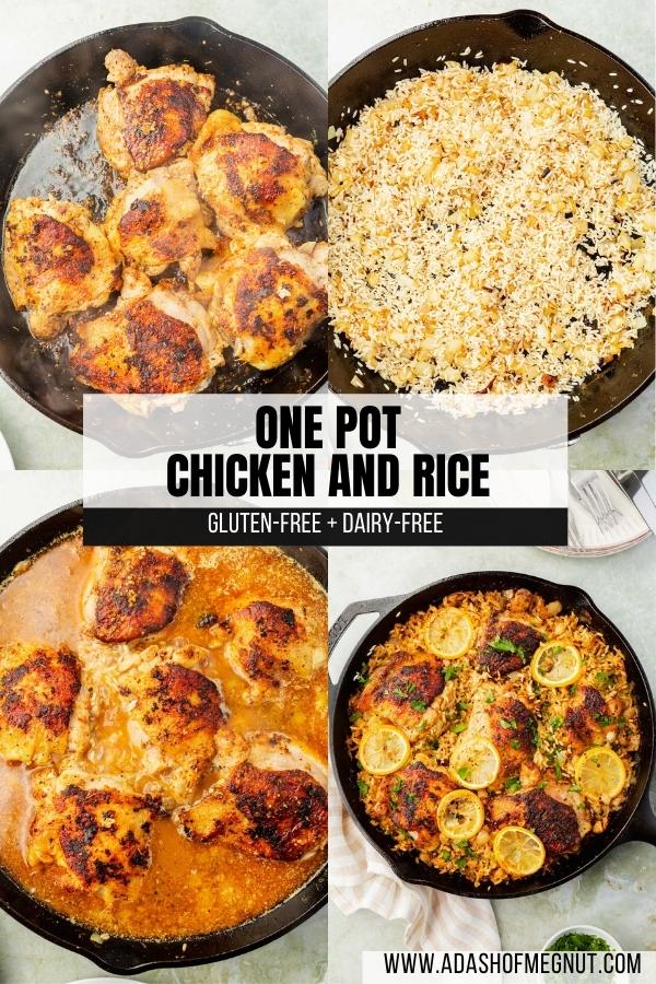 A four photo collage showing the process of making one pot chicken and rice. Photo 1: The chicken thighs are browned in a cast iron skillet. Photo 2: Sautéed onions are mixed with white rice and white wine. Photo 3: White rice is combined with chicken brown in a cast iron skillet and topped with browned chicken thighs before putting in the oven. Photo 4: A cast iron skillet with roasted chicken thighs in a bed of seasoned white rice and topped with charred lemon slices and fresh chopped parsley.