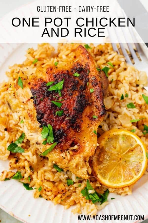 A dinner plate with a roasted chicken thigh on a bed of white rice with a charred lemon slice all topped with fresh parsley.